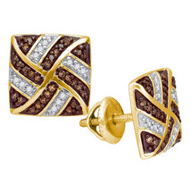 10k Yellow Gold Round Brown Diamond Square Pinwheel Earrings 1/4 Cttw - £239.00 GBP