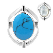 Two in One Flip Blue Turquoise and White Shell Oval Sterling Silver Ring-7 - £18.01 GBP