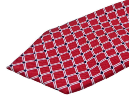 Ralph Lauren Chaps Necktie Tie Red Geometric Square Grid Pattern White Blue Silk - $37.25