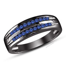 Classic Black Gold Two Rows 1/3 Ctw. Blue Sapphire Channel Set Men&#39;s Band - £65.20 GBP