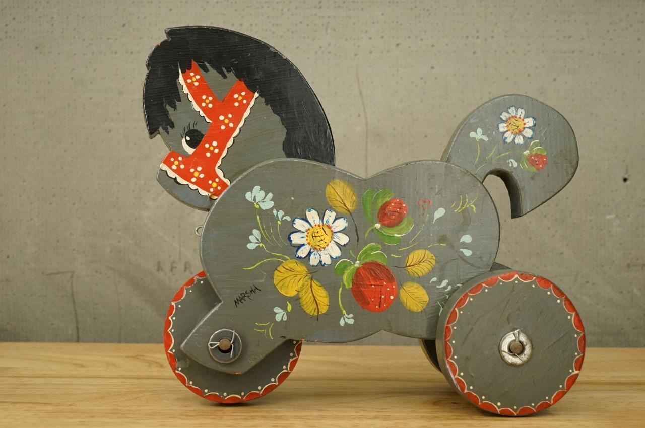 Vintage Folk Art Handcrafted Wooden Pull Toy Horse Strawberry Daisy Design - $29.44