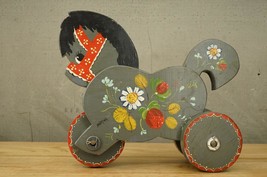 Vintage Folk Art Handcrafted Wooden Pull Toy Horse Strawberry Daisy Design - £23.02 GBP