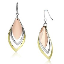 Fashion Women 3 Tone Leaf Shape Rhodium, Gold &amp; Rose Gold Plated Hook Earrings - £37.71 GBP