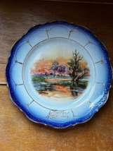 Vintage Pretty Landscape in Blue &amp; Gilt Scalloped Edge EASTER GREETINGS Ceramic - £9.02 GBP