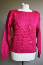 Vintage 80s Images M Acrylic Hand Knit Fuschia Pink Floral Vine Sweater - $24.70