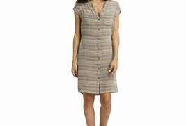 New Womens NWT PrAna L Buenos Dias Dress Buttons Cargo Green Brown Organic Strip - £106.81 GBP