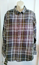 EDDIE BAUER Brown/Gray/Yellow/White Plaid Flannel Shirt Size Large Relaxed Fit - £9.58 GBP