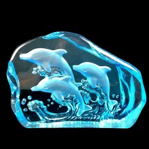 Dolphins in the Waves Solid Block Blue Art Glass Sculpture Continental C... - $29.03