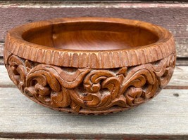 Vtg Mcm Hand Carved Teak Wood Thailand Bowl 9&quot; Diameter - £23.32 GBP