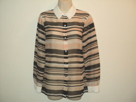 Vince Camuto Blouse Size S SHEER Shirt Striped Long Sleeve Top Brown Peach Small - £11.87 GBP