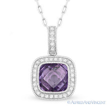 1.50ct Checkerboard Amethyst &amp; Diamond Halo Pave 14k White Gold Necklace Pendant - £418.95 GBP