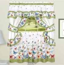 Printed Cottage Window Set Green Butterfly 57&quot;Wx36&quot;L Tier Pairs 100% Polyester - £13.10 GBP