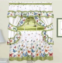 Printed Cottage Window Set Green Butterfly 57&quot;Wx36&quot;L Tier Pairs 100% Polyester - £12.47 GBP