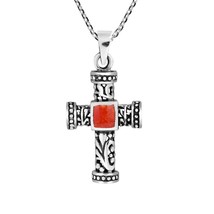 Faith Icon Cross Red Coral Inlay Filigree Swirls Sterling Silver Necklace - $19.26
