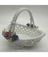 Vintage Small White Ceramic Woven Basket w/ Flowers &amp; Roses 3.75” - €11,81 EUR