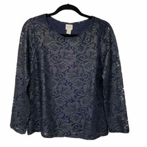 Chico&#39;s Gold &amp; Navy Blue Foil Lace Top Size 0 Small/4 Metallic Sheer Sle... - $23.76