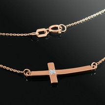 14K Solid Rose Gold Small Sideways Curved Diamond Cross Necklace - £195.69 GBP+