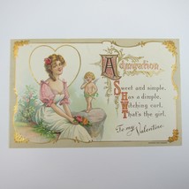 Postcard Greeting Valentine Antique 1909 Woman Flowers &amp; Cupid Gold Embossed - £7.82 GBP