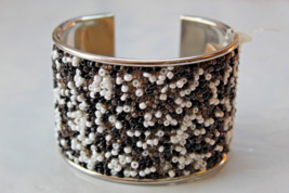 Erica Lyons Silver Tone Beaded Cuff Bracelet Black White Brown NEW - £13.23 GBP