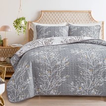 3 Pieces Grey Quilt Set King Size, Branch With Yellow Spring Flower On Gray, Sof - £58.51 GBP