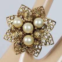 Vintage Estate STATEMENT Ring Adjustable Gold Tone w/ Faux Pearls - £12.86 GBP