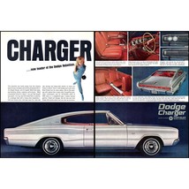 1966 Dodge Charger Fastback 2 page Vintage Print Ad Blonde 60s Fashion Wall Art - £8.23 GBP