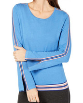 Alfani Womens Crewneck Varsity Striped Trim Sweater Size Large Color Cobalt Sea - £54.52 GBP