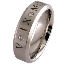 Tungsten Carbide Beveled Edges Ring With Two Genuine White Diamond and Roman Num - £127.51 GBP