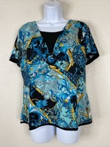 JM Collection Womens Size PL Blue Floral Belt Stretch Blouse Short Sleeve - $7.59