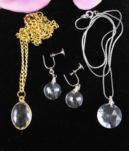 Pair Of Vintage Pendant Necklaces &amp; Screw Back Earrings Round Clear Facets Glass - £12.41 GBP