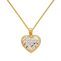 Genuine 14k Two-Tone Gold 0.66&quot; Cross Hatch Heart Pendant Necklace 16&quot; to 22&quot; - $315.00+