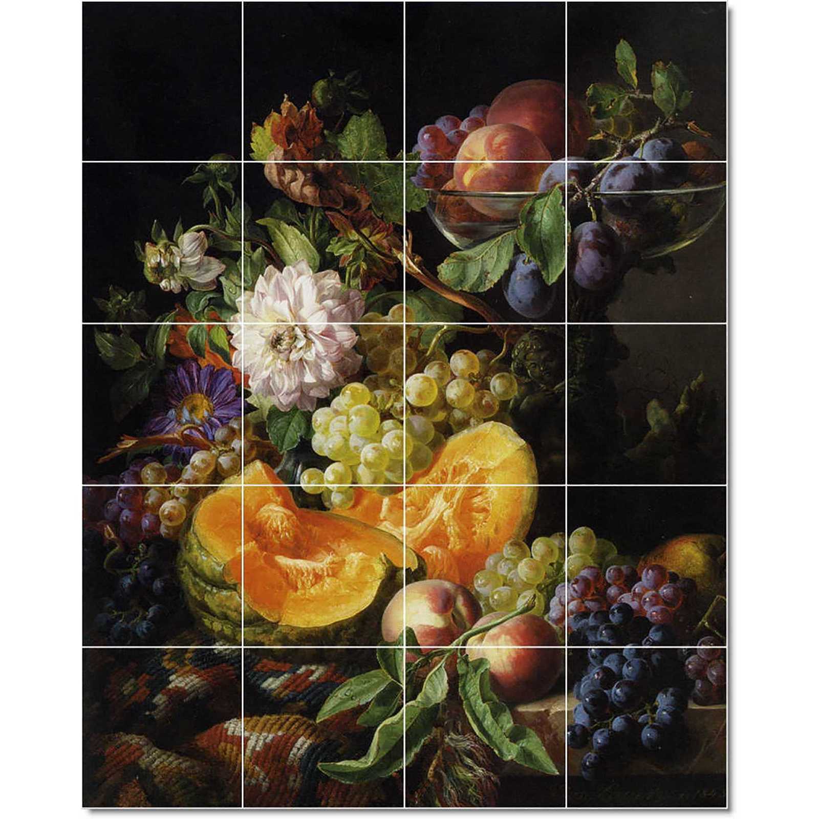 Lauer josef peaches plums grapes and melon with autumn flowers