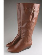 A New Day Women&#39;s Blinda Knee High Wedge Boots in Brown Faux Leather - £23.52 GBP