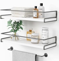 White Wall Shelves, Bathroom Wall Shelves With Grey Rail And Gray Towel Rack, - £27.92 GBP
