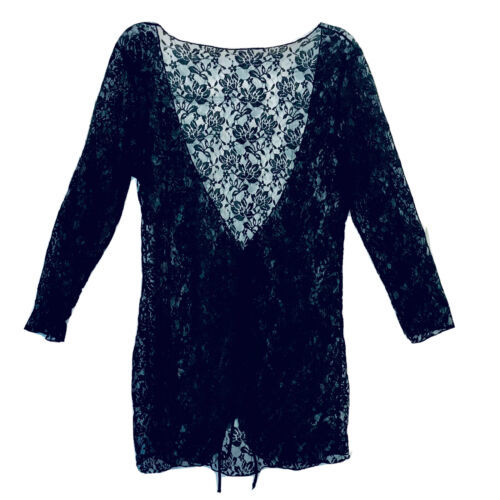 Primary image for Womens 1XL Black Floral Lace 3/4 Sleeve Deep V Cinched Drawstring Cover Up Tunic