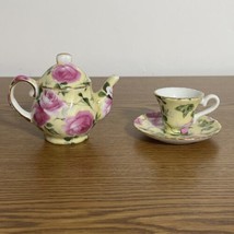 Vintage Chintz Pattern Pink Rose On Yellow Ceramic Minature Teapot &amp; Cup Saucer - £9.24 GBP
