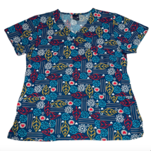 Zoe + Chloe  Scrubs Shirt Teal Green Blue Feathers Geometric Small Nurse... - $16.99