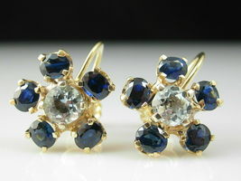 Vintage 1940&#39;s 3ct Oval Cut Aquamarine &amp; Sapphire Earring 14K Yellow Gold Over - £75.18 GBP