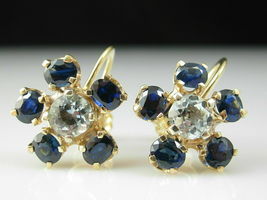 Vintage 1940&#39;s 3ct Oval Cut Aquamarine &amp; Sapphire Earring 14K Yellow Gold Over - £71.42 GBP