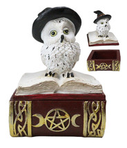 White Snow Owl With Witch Hat Sitting On Triple Moon Spell Book Trinket Box - £13.57 GBP