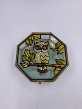 Vintage Brass And Stained Glass Trinket Box Mirror Bottom Hinge Lid Owl - $13.10