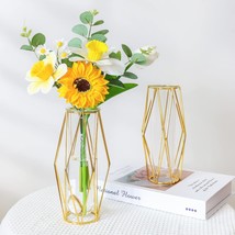 Bybous 2 Pcs.Gold Geometric Vase，Glass Vase With Metal Stand Gold Pampas, 7.3In. - £31.44 GBP