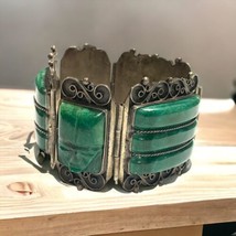 Vintage Patino Taxco Mexico Carved Green Onyx Wide Hinged Panel Aztec Bracelet - £255.56 GBP