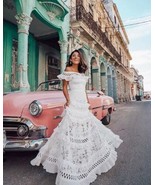 Women&#39;s Ruffled Full Length Hollowed Off Shoulder Lace Summer Party Dres... - £45.56 GBP