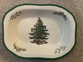 Spode Christmas Tree China With Green Trim Rounded Rectangle Serving Dish - £30.92 GBP