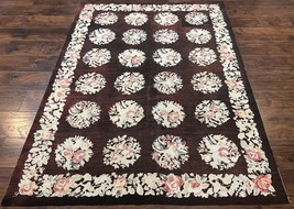Floral Needlepoint Rug 5x7 Repeated Floral Motifs Eggplant Color Handmade Wool - £909.93 GBP