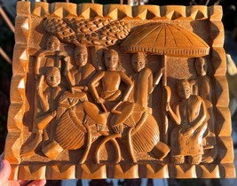 Hand Carved Ethnic Wood Carving Storyboad Panel Tribal Art Men Women Tree Drums - £138.19 GBP