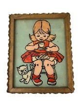 Vintage Girl Coffee Tea Cat Painted Glass Foil Background Art Gold Frame... - $30.00