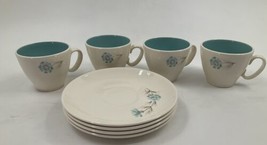 Boutonniere TAYLOR SMITH &amp; T Set of 4 Cups and Saucers Sets MCM Teal Floral - £23.73 GBP