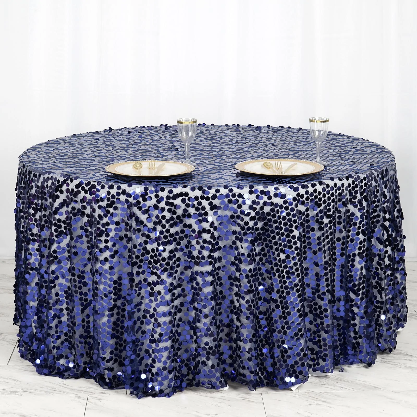 Navy Blue - Polyester - 120&quot; Big Payette Sequin Round Tablecloth Wedding - $119.98